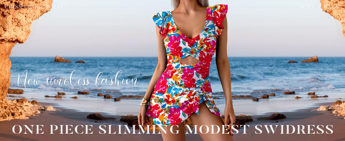 B2LOVER One Piece Swimdress Swimsuit for Women Tummy Control Ruffle Swim Dress Skirt V Neck Cutout Wrap Bathing Suit