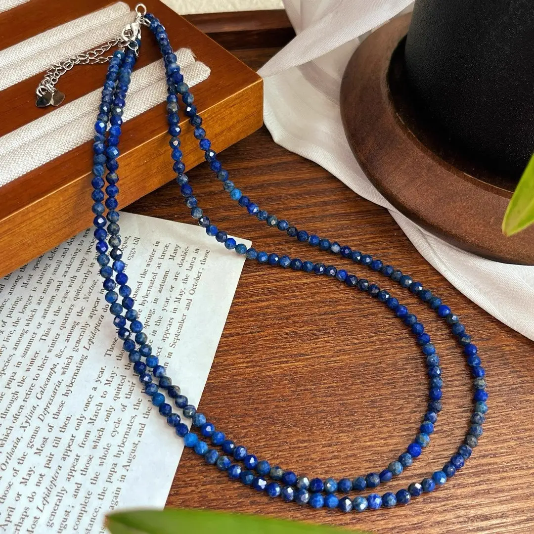 Natural Genuine Lapis Lazuli 2mm Faceted Tiny Beads Choker, Elegant Natural Crystal Necklaces & Pendants, Dainty Minimalist Chain Spiritual Jewelry Gift, Elegant Necklace