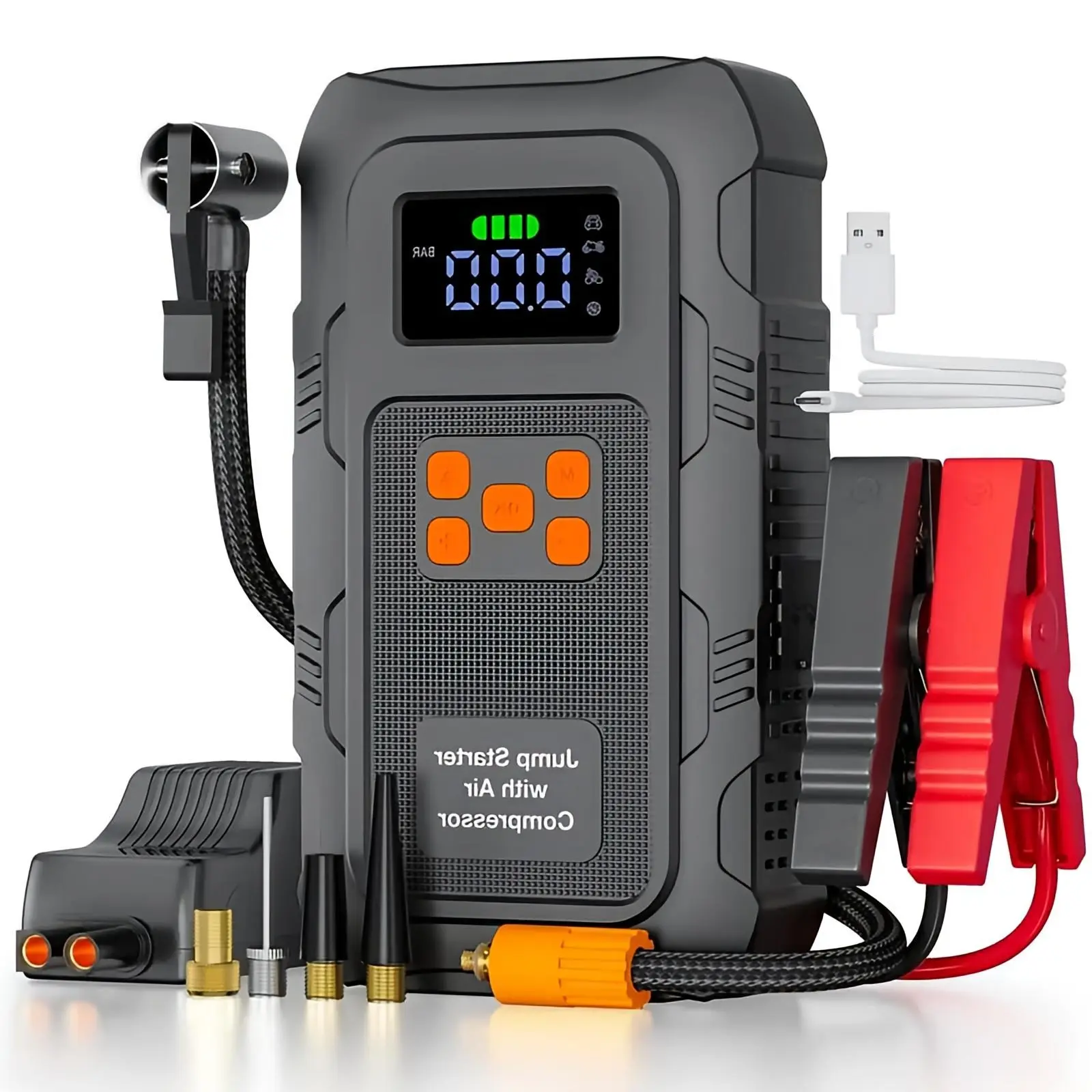 HPBS 16000mAh 12V Portable Jump Starter with 150PSI Air Compressor Orange, Fast Inflation for 10.0L Gas & 8.0L Diesel Engines