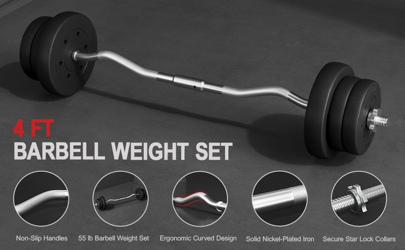 【Valentine Gift】Yaheetech Barbell Set - Olympic Curl Bar & Weights (44LB, 55LB, 66LB) with Chrome Finish & Black Color, Home Gym Equipment, Arm Exercise Equipment, Home Workout Equipment