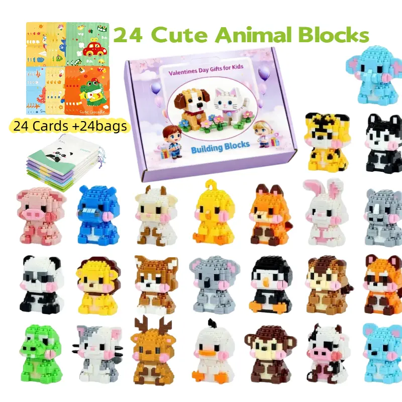 24 Pcs BPA-Free Cute Animal Mini Building Blocks - Adorable DIY Construction Bricks with Fluffy Details, Desk Decor Collectibles, Fidget Toy for Beginners, Valentine's Day Fun Gifts (Bricks and Minifigs)