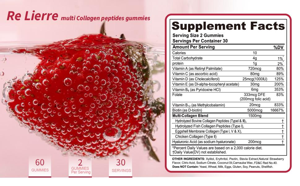 【clearance price】  Re Lierre Collagen Peptide Gummies for Women & Men Sugar-Free 1500mg Protein Types I II III V X 5000mcg Biotin Methylated B12 Vitamins A C D E B8 for Skin Hair Nails Bone 60 Gummies Strawberry flavor and grapefruit flavor