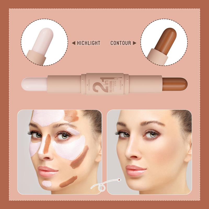 2-IN-1 Dual-End Highlight & Contour Stick, Three-Dimensional Shaping, Easy to Use & Portable, Brightens & Defines, Waterproof & Easy to Remove, Long-lasting, Smooth Creamy Blendable Formula, Natural Buildable Coverage, For All Skin Types