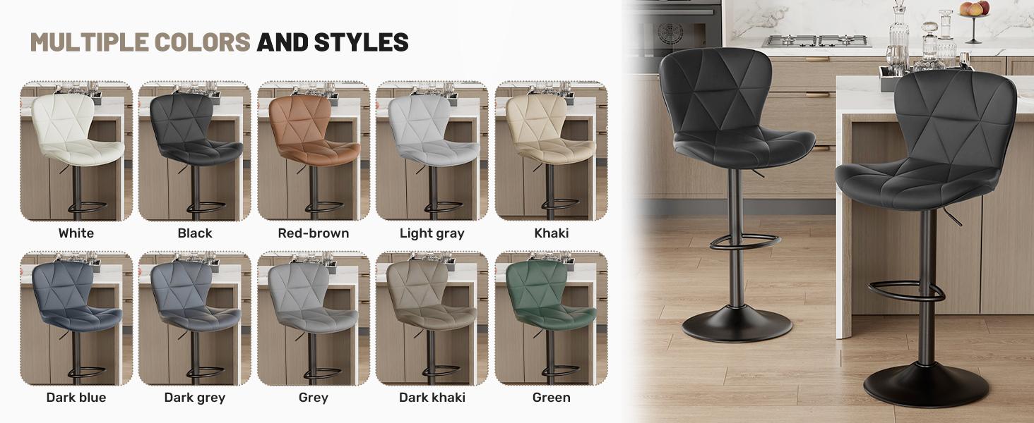 Modern Barstool Set of 2, Adjustable Faux Leather Upholstered Swivel Counter Stools, Counter Height Barstools with Back for Kitchen Island