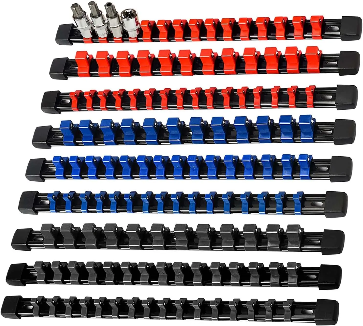 AMM 9-Piece ABS Plastic Socket Organizer - 1/4, 3/8, 1/2 Inches Drive, SAE/Metric Deep/Shallow Fit, Wall or Horizontal Mount for Drawer, Heavy Duty Tool Rack Clip Rail Holder