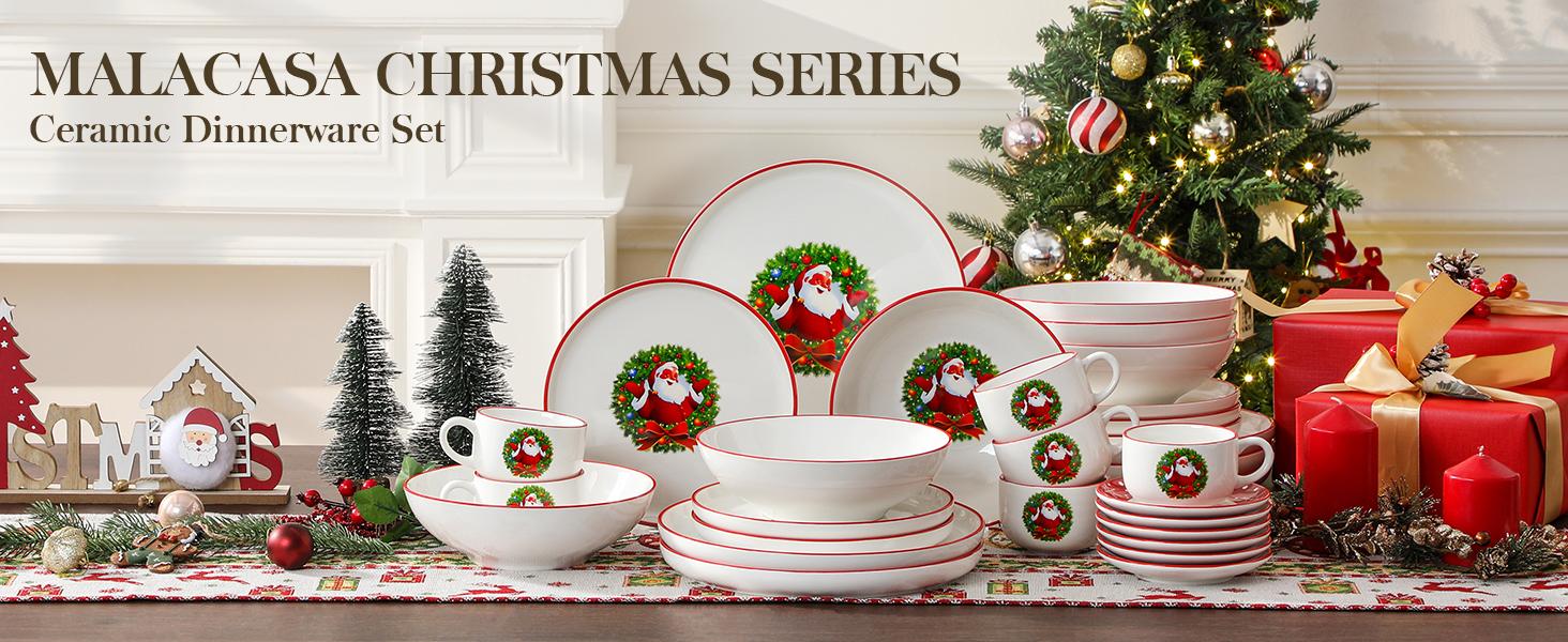 MALACASA Santa Claus / Christmas Tree 30-Piece Dinnerware Set (Service for 6) - New and Improved- Fine Earthenware Holiday Dinner Set - Microwave & Dishwasher Safe Winter Holiday
