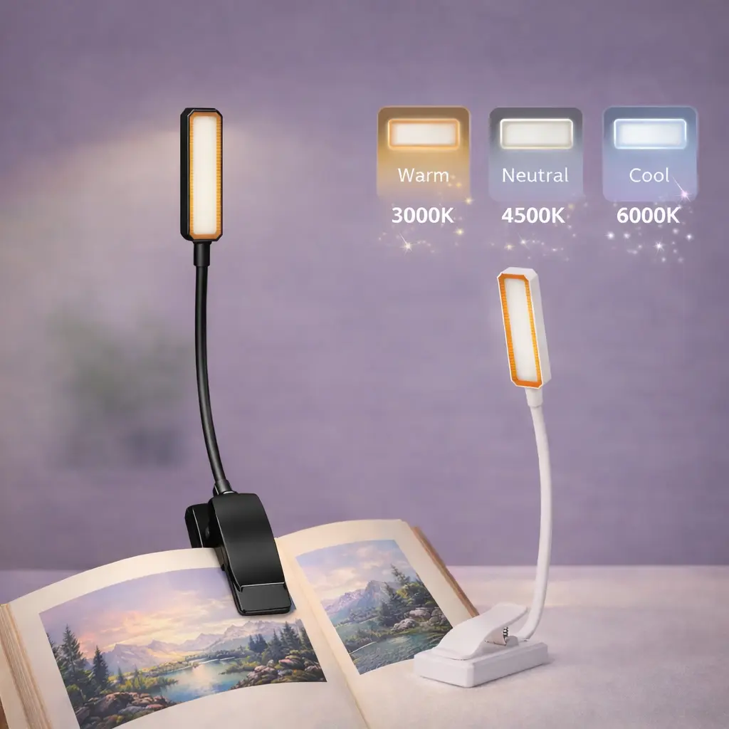 Dimmable LED Clip Reading Lamp - USB Rechargeable, 3 Cool/Warm/White Color Modes, 10 Adjustable Brightness Levels, Flexible Gooseneck, Soft Light Button Control, Portable Durable Small Nightlight for Home Office Bed Headboard, Push Button