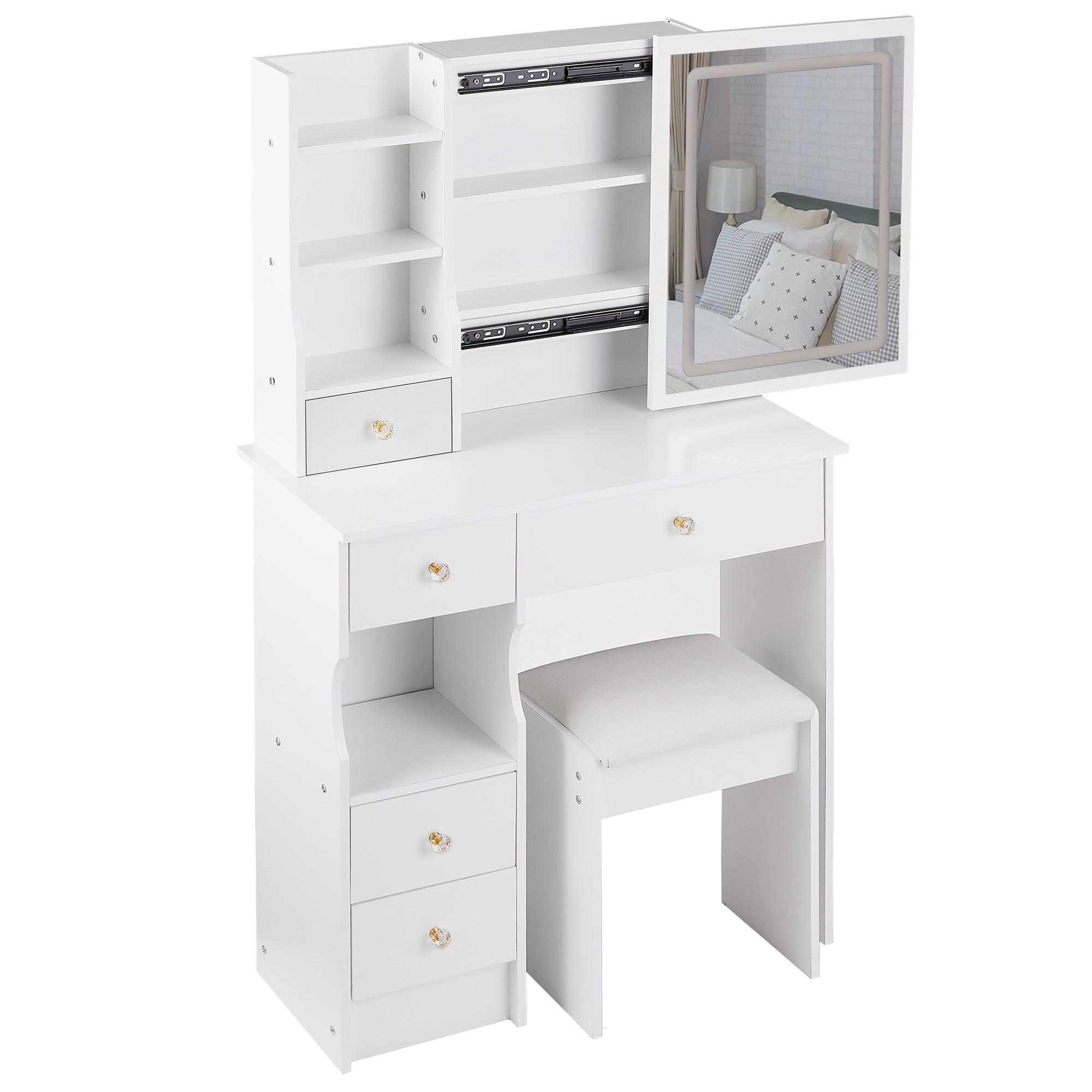 29.2" Small Size Left Drawer Desktop Vanity Table + Cushioned Stool, Large Sliding, Touch Control, Tri-color Switching, Brightness Adjust LED Mirror, High Capacity Storage, Suitable for Small Space 29.2" Small Size Left Drawer Desktop Vanity Table + Cushioned Stool, Large Sliding, Touch Control, Tri-color Switching, Brightness Adjust LED Mirror, High Capacity Storage, Suitable for Small Space