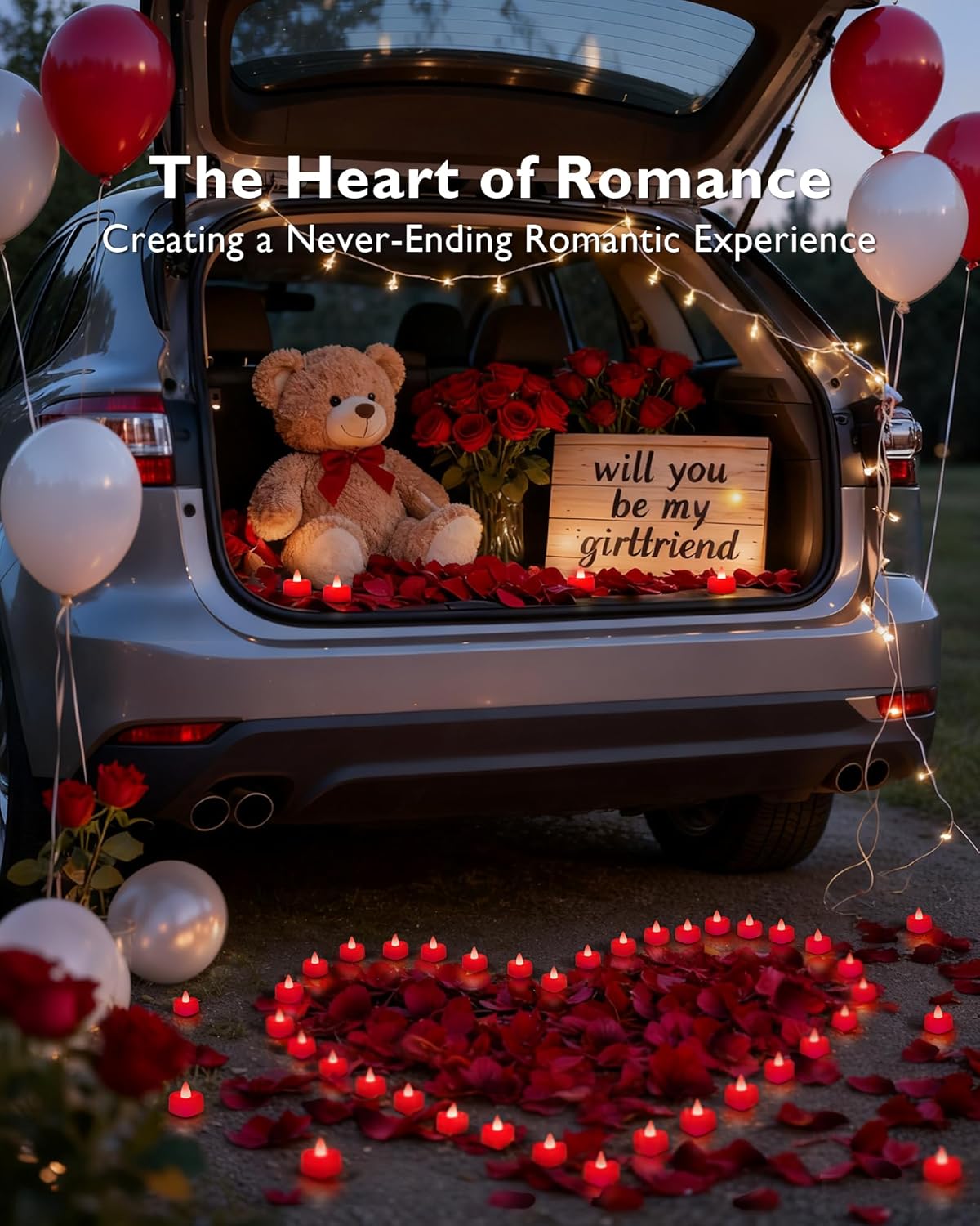 2000 Pieces Red Artificial Rose Petals with 24 Red Heart LED Tea Lights, Rose Petals and Candles Set for Proposal, Anniversary, Romantic Night, Valentine's Day Kit Wedding Decor