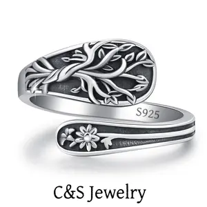 S925 sterling silver women's spoon ring, life tree retro spoon ring, jewelry women's adjustable ring