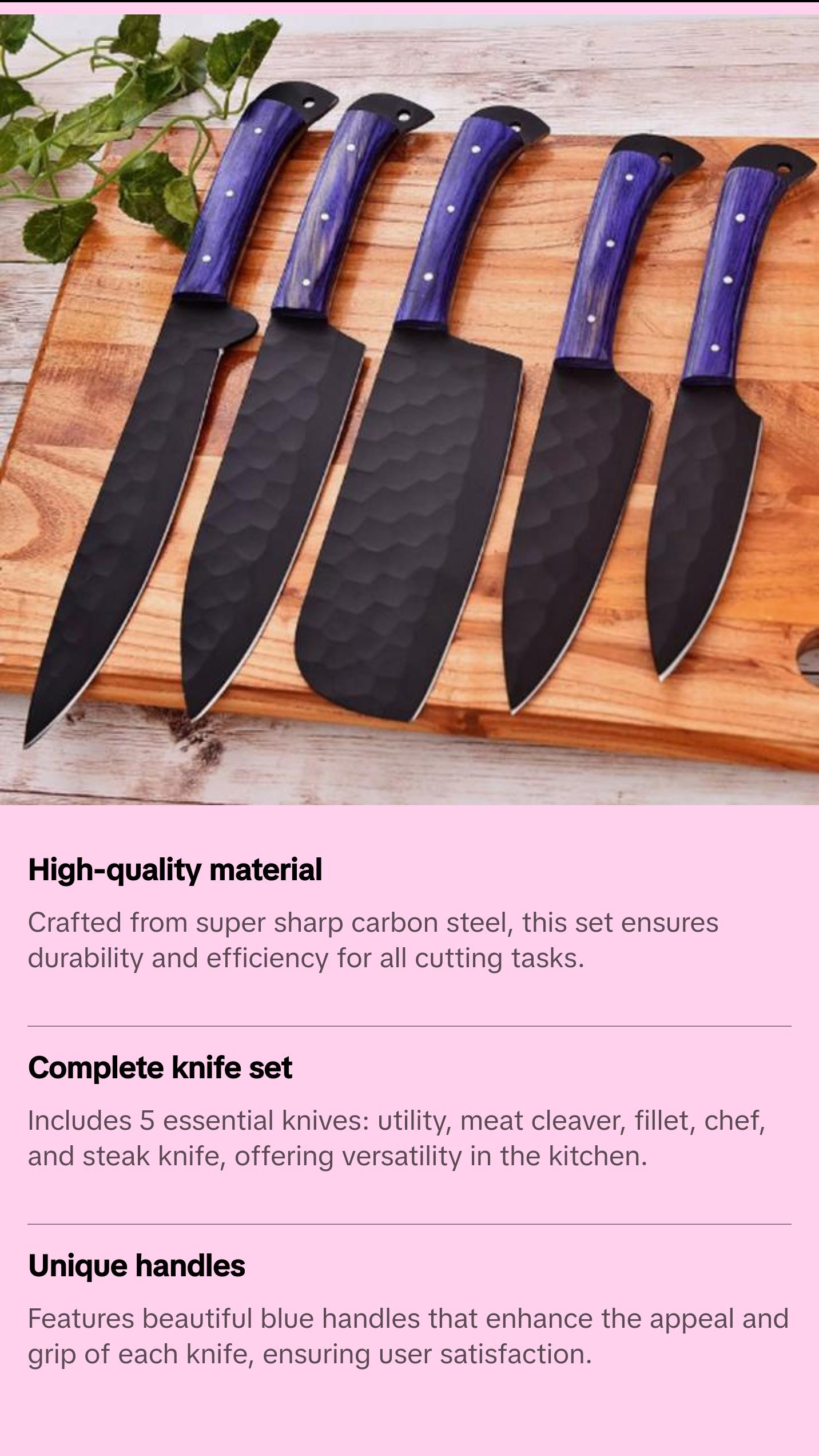 Handmade Chef knife Set, Kitchen Knives, Black Knives, Blue Knives, Meat Cleaver, Paring Knife, Bread Knife, Sharp Knife, Kitchen Knife Set, Carbon Steel. 2432 Steak Handles Blade Knife Block Block