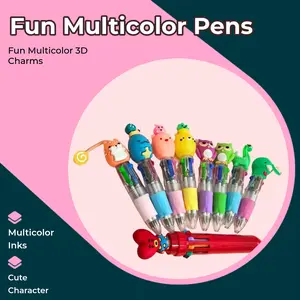 9 PCS Multi-color All-in-one Pens with Adorable 3D Character Toppers & Transparent Barrels for Fun Writing