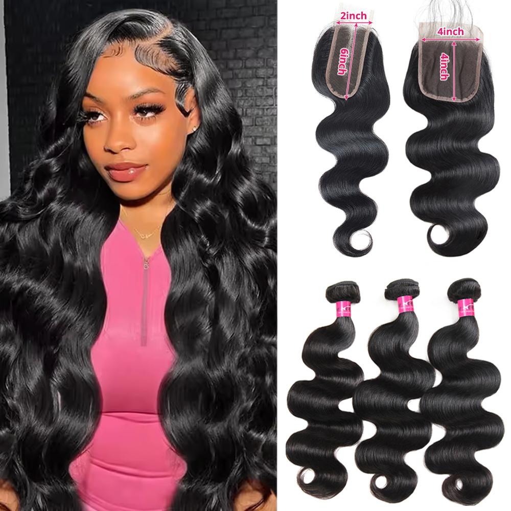 2x6 Lace Closure With Bundles Body Wave Bundles With Closure 4x4 Inch Quick Weave Extensions Virgin Human Hair Bundles with Closure Free Part FallFreshness