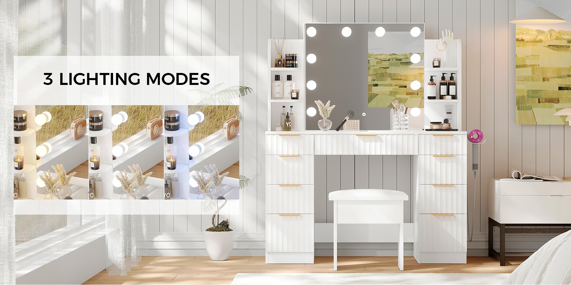 VOWNER Modern Vanity Desk with Mirror and Lights Makeup Vanity Desk with Drawers and Storage Shelves & Power Outlet Hair Dryer Rack Dressing Table with Glass Top