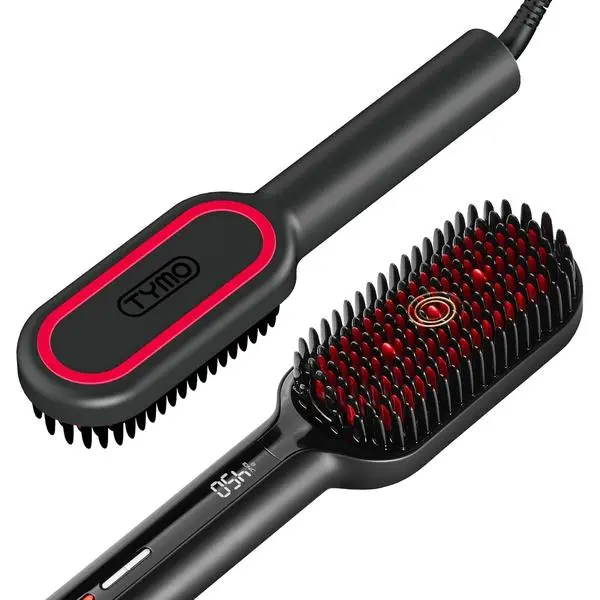 TYMO Hair Straightener Brush - Upgraded Ionic Plus Straightening Brush with Dense Bristles, 16 Temps, Dual Voltage | Ceramic Hot Comb for Women | Flat Iron for Thick Curly Hair, Gold