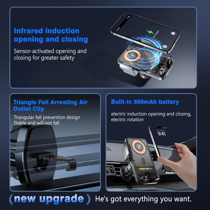 2025 new cool car wireless fast charging holder, intelligent sensor opening and closing, universal mobile phone navigation holder, 90-degree rotation, horizontal and vertical screen use, built-in ambient light, intelligent high-end navigation holder