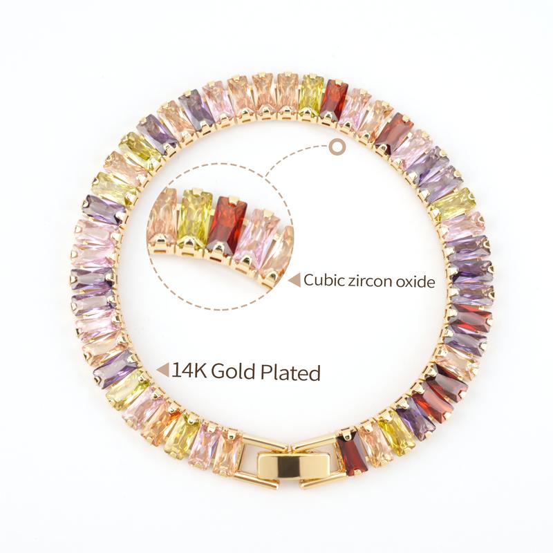 MEIITRUE 14K Gold Plated Cubic Zirconia Tennis Bracelet for Women, Hypoallergenic Gold Bracelets for Women, Colorful Baguette Tennis Style Jewelry