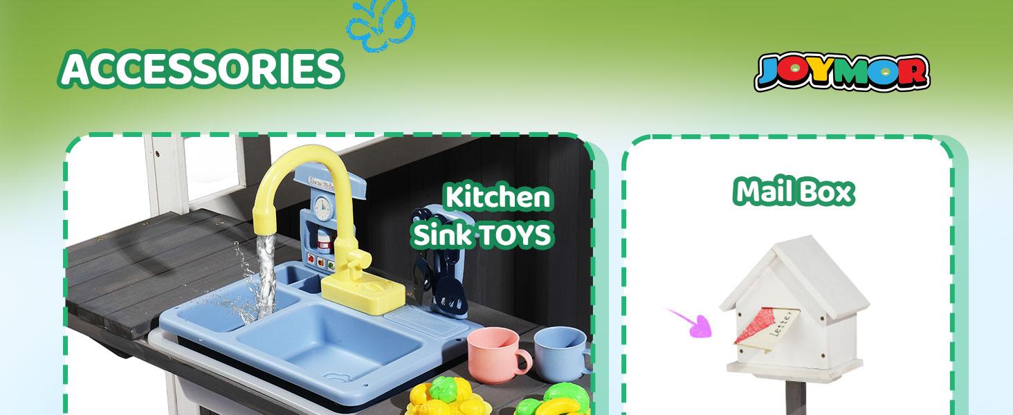 JOYMOR Kids Outdoor Playhouse - Wooden - Cottage with Sink Toys, Picnic Table Set, Mailbox, Flowerpot Holders, Kids Wooden Playground for Age 3-8 DIY Backyard