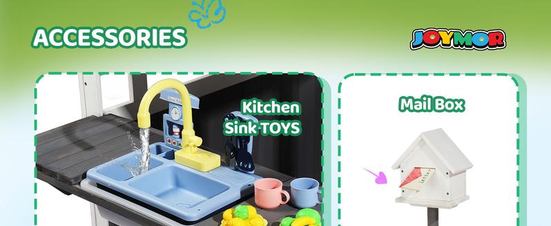 JOYMOR Kids Outdoor Playhouse - Wooden - Cottage with Sink Toys, Picnic Table Set, Mailbox, Flowerpot Holders, Kids Wooden Playground for Age 3-8 DIY Backyard