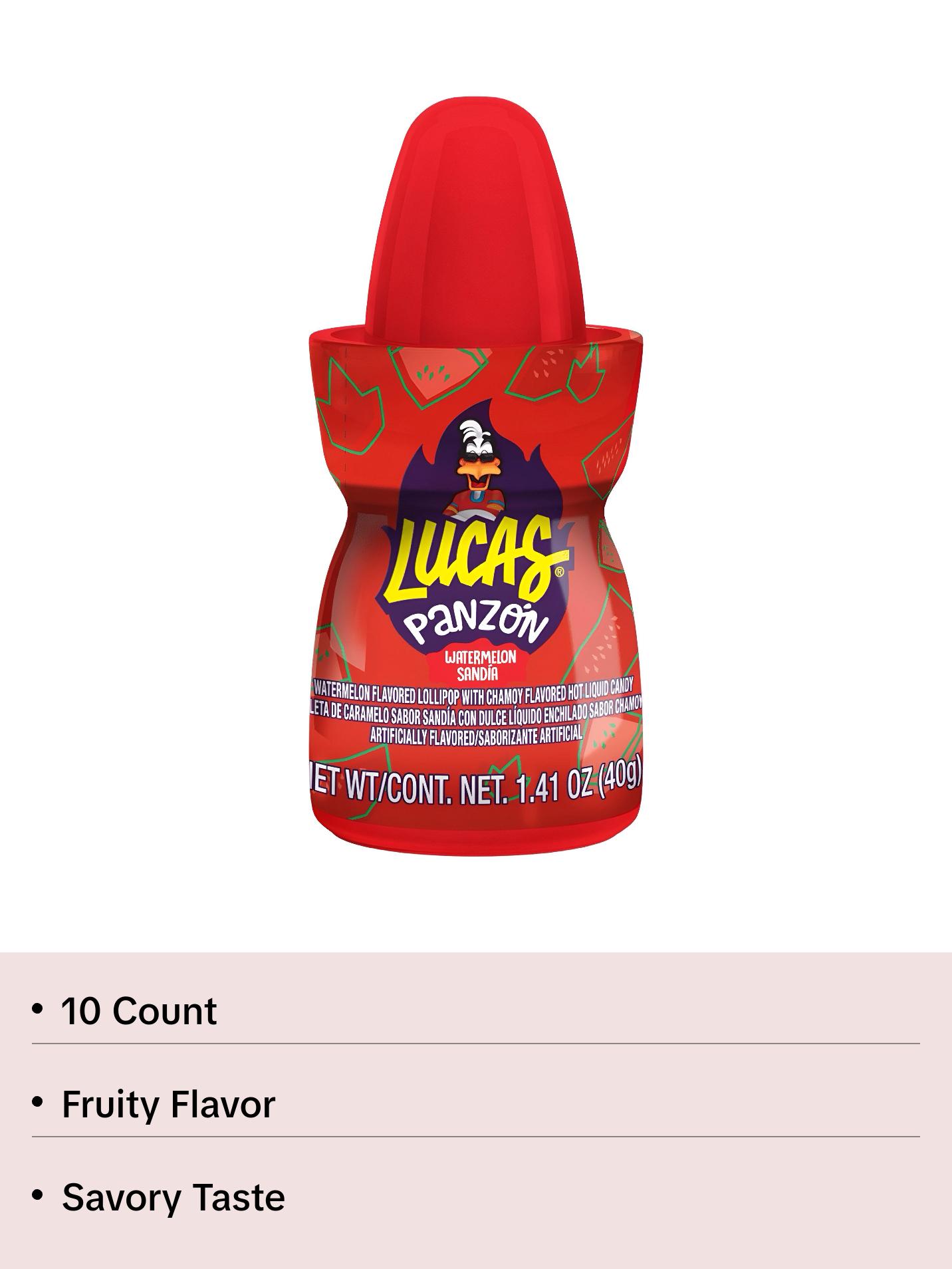 Lucas Panzon Watermelon Flavored Lollipop Candy with Chamoy Liquid (10 Count), Sweet, Savory, Mexican Candy, Dulces Mexicanos Snack Candies Tangy