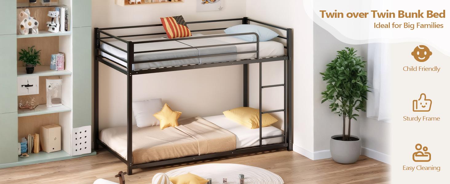 JOYMOR Bunk Bed Twin Over Twin, Metal Twin Size Bed Frame with Safety Guardraild for Boys Girls, Junior, Low Profile Space Saving Design, Mattress Not Included