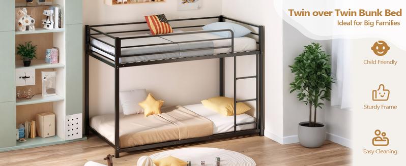 JOYMOR Bunk Bed Twin Over Twin, Metal Twin Size Bed Frame with Safety Guardraild for Boys Girls, Junior, Low Profile Space Saving Design, Mattress Not Included