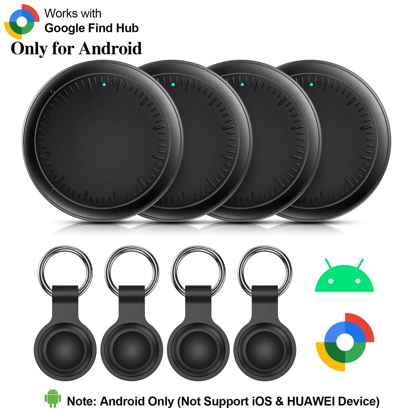 4-Pack Tracker Set (Android ONLY) Durable Compact Smart Air Tracker Tag for Keys, Wallet, Car,E-Scooter & Luggage IP67 Waterproof with Silicone Case Dual Protection Worldwide Tracking 80-100db Anti-Lost Alarm & Left-Behind Alerts | App Required