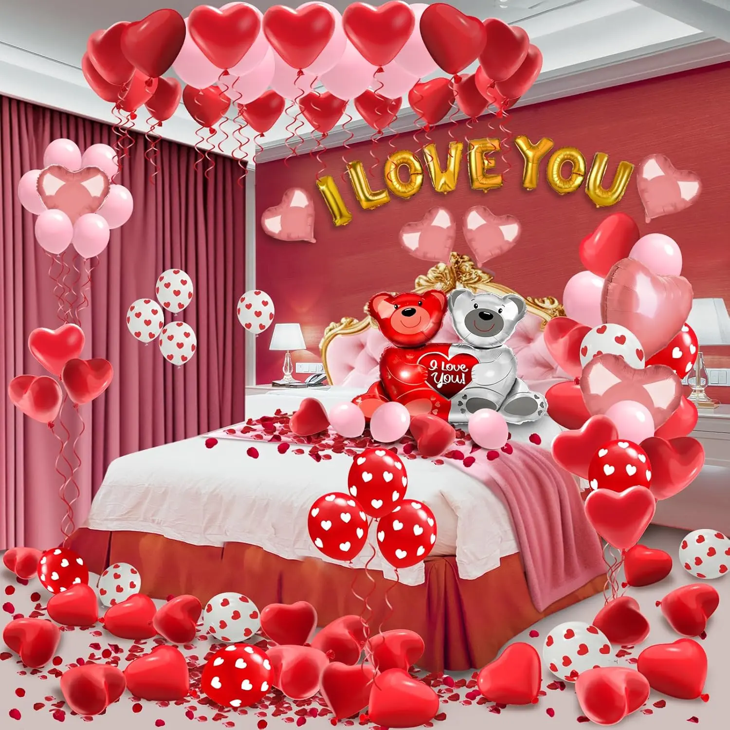 Valentines Balloon Kit Decor with I Love You Balloons, Heart Balloons with 1054 Pcs Silk Red Rose Petals for Valentines Day Galentines Party Decorations Proposal Wedding Anniversary Decor
