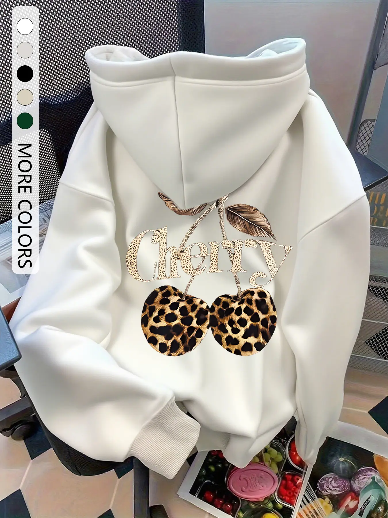 Women's Leopard Print Cherry Oversized Hoodie with Kangaroo Pocket, Adjustable Drawstring Shoulder Slouchy Sleeves, Casual Loose Fit Long Sleeve Sweatshirt for Fall, Casual Comfy Pullover, Drawstring Hooded Top