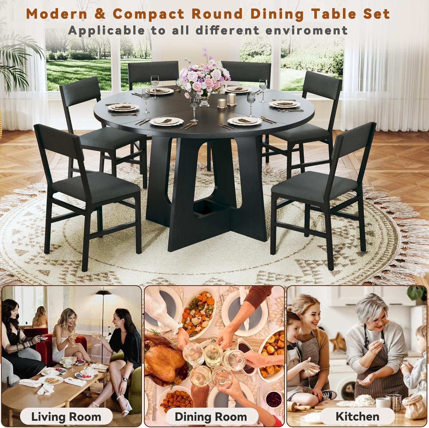 Round Dining Table Set for 6, 7-Piece Kitchen Table and Chairs for 6, 47'' Round Dining Room Table Set with 6 Chairs, Space Saving Dining Table with Wood Base for Kitchen, Living Room, Black Round Dining Table Set for 6, 7-Piece Kitchen Table and Chairs for 6, 47'' Round Dining Room Table Set with 6 Chairs, Space Saving Dining Table with Wood Base for Kitchen, Living Room, Black