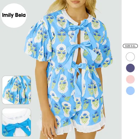 Imily Bela Womens Floral 2 Piece Short Sets Summer Vacation Outfits Puff Sleeve Babydoll Blouse Ruffle Shorts Matching Set