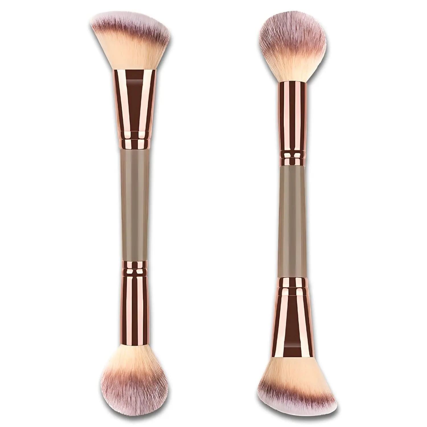 Champagne Gold Dual Brush Set - Cosmetic Brush with Angled/Round Tops, Brown Wand, Multifunctional Tool for Liquid/Powder Blending, Precision Powder Applicator