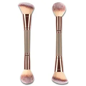Double-Ended Foundation Makeup Brush – Angled & Round Top Brush for Liquid, Cream & Powder Blending (Brown, Champagne Gold)