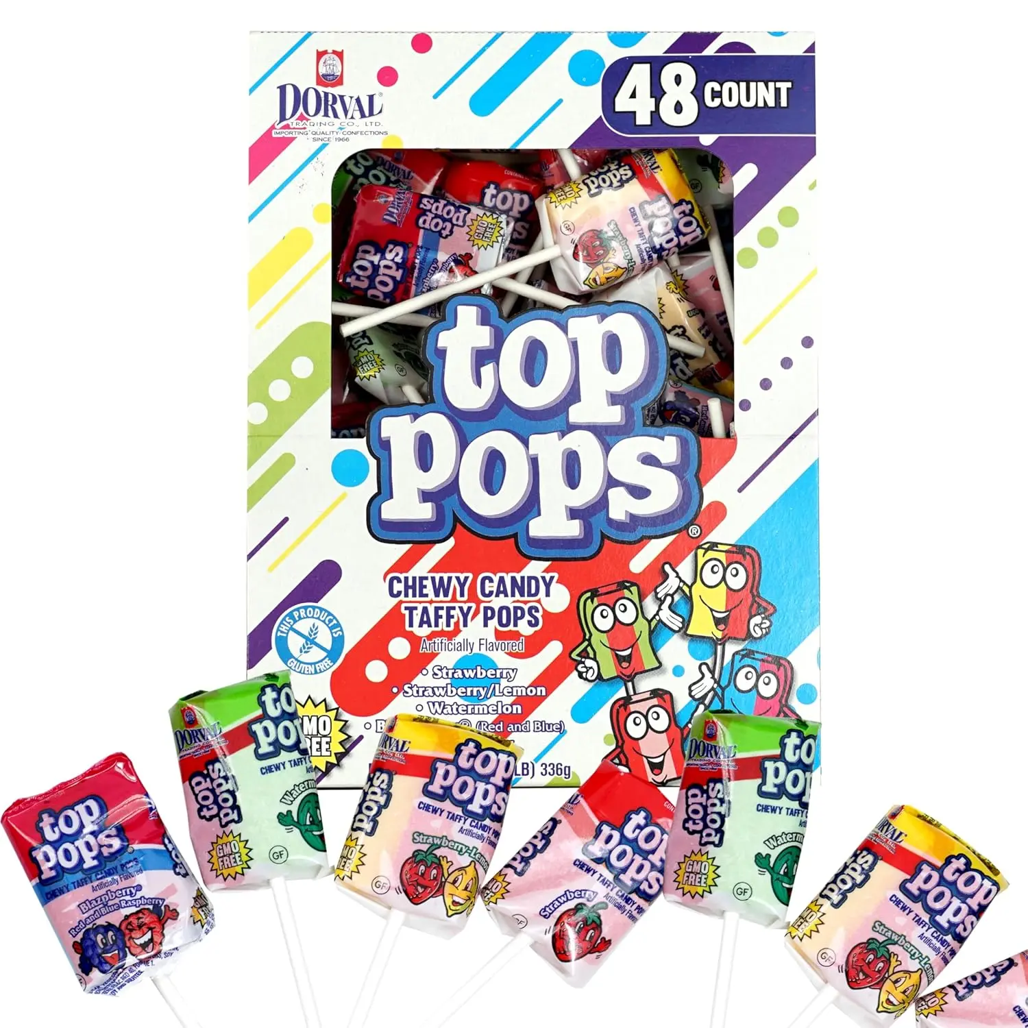 Top Pops Taffy Pops, 48-Pack – 4 Delicious Assorted Fruit Flavor Lollipops Candy Bonbon Chewy Sweet Soft Fruity Snack