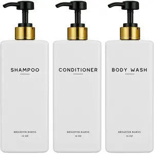 White Shampoo and Conditioner Dispenser Set by Brighter Barns - Refillable Shampoo and Conditioner Bottles - Reusable Shower Soap Dispenser in Hotel, Gold Bathroom, Guest House, Modern Airbnb (White)