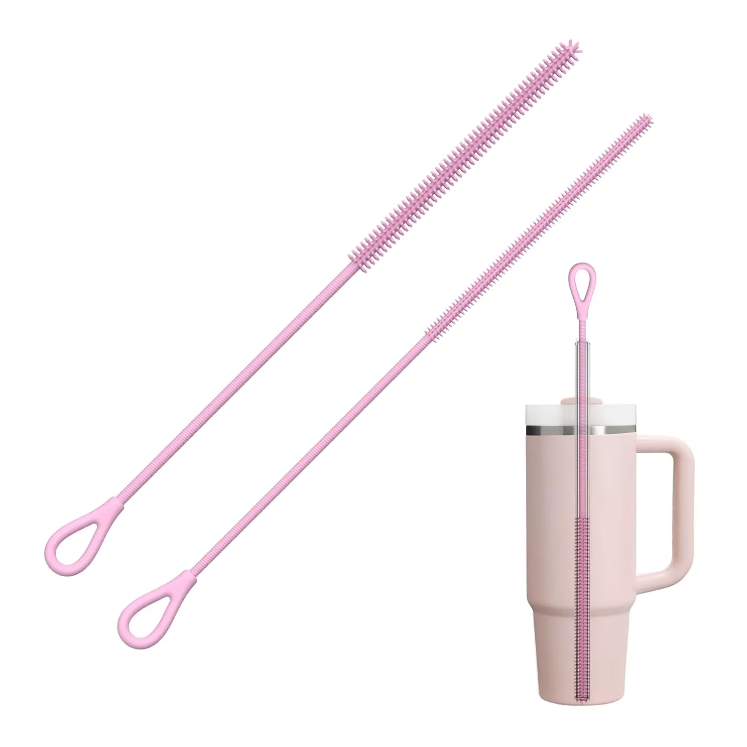 QUSEVOO 2 Pcs Silicone Straw Cleaner Brush,Reusable Straw Brush Extra Long for Cleaning Tumbler with Handle and Glass Metal Smoothie Straws, Non-slip Handle Soft and Bendable, 6mm+9mm, Pink, Brushes For Straws, Set