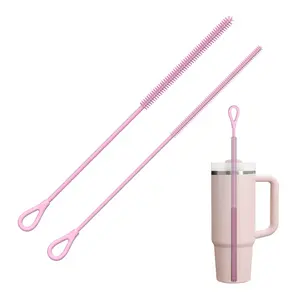 2Pcs Silicone Straw Cleaner Brush,Reusable Straw Brush Extra Long for Cleaning Tumbler with Handle and Glass Metal Smoothie Straws, Non-slip Handle Soft and Bendable, 6mm+9mm, Pink, Brushes For Straws, Set
