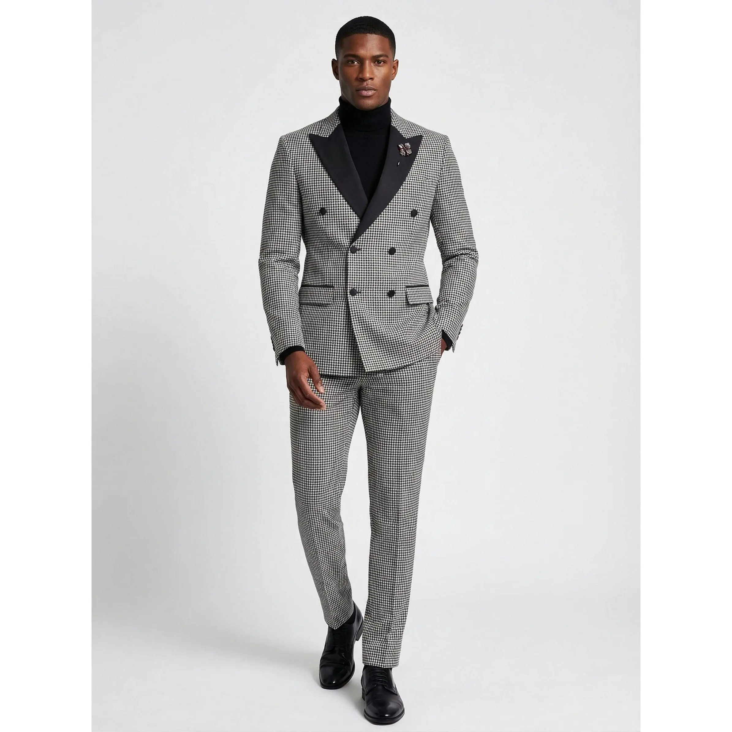 Brown & White Houndstooth Double Breasted Slim Suit