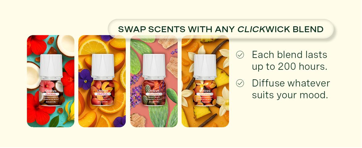 Lifelines Flameless Candle Essential Oil Diffuser Bundle with 2 ClickWick Essential Oil Blends - FREE SHIP
