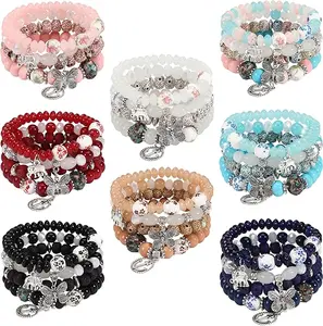 Bohemian Bracelets for Women Stretch Multilayer Colorful Beads Bracelet with Charm Jewelry