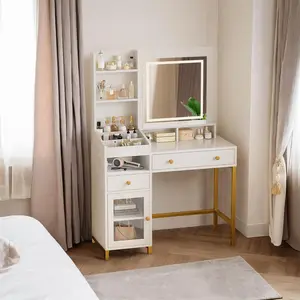 White Vanity Desk with Mirror and Lights & Charging Station, Large Vanity Table Makeup Dressing Table with Drawers,Storage Shelves