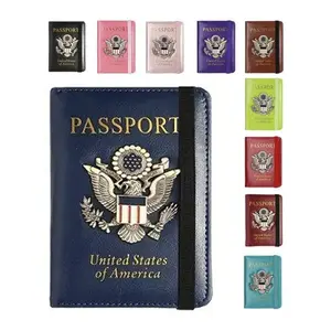 [New Arrival] Minimalist RFID Blocking Passport Wallet with Card Holder 3D Metal US Logo PU Leather Travel Wallet with Multiple Pockets Elastic Band Closure Durable Sewing