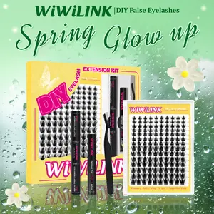 WiWiLink Sunset Manga Lashes Cluster C D Curl DIY Lash Extension Kit and Lash Clusters 8-18mm with Bond Seal and Remover - Ultra-Thin Transparent Bands, Lash Magic Anime False Lash Extension Kit