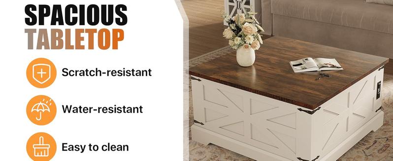 oneinmil 31" Lift Top Coffee Table with Storage Large Hidden Compartment White Square Farmhouse Coffee Table with Outlets USB Ports for Living Room