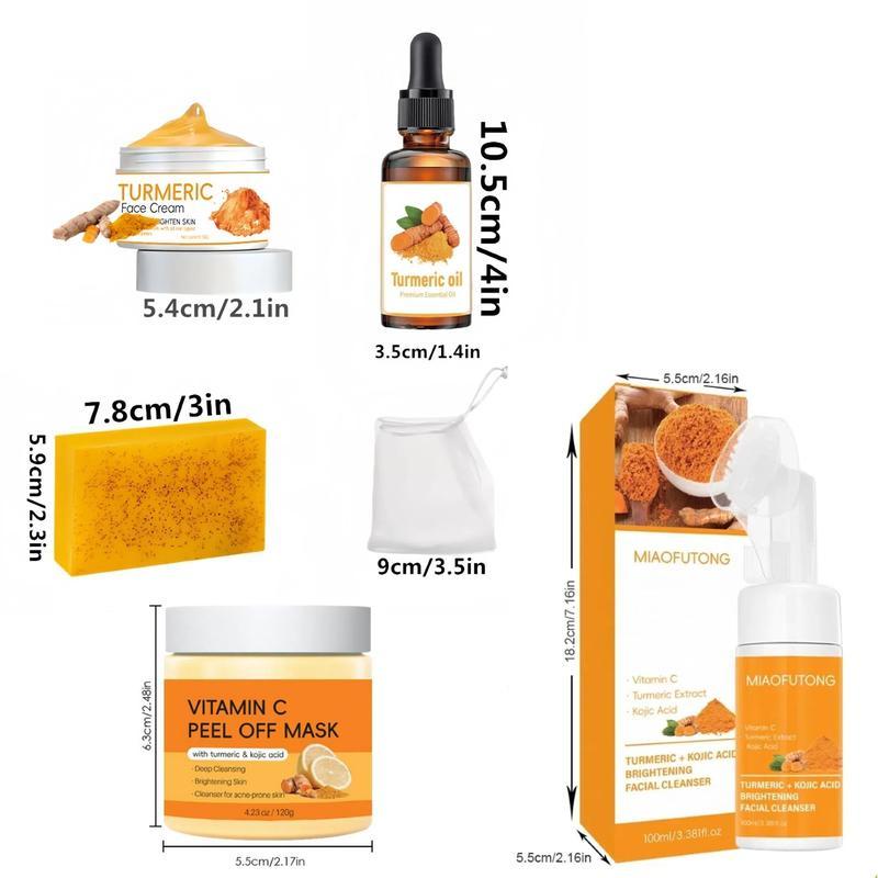 Turmeric Skin Care Kit, 6 Counts/set Including Soap & Cleansing Pad & Mousse Cleanser & Oil & Vitamin C Peel Off Mask & Soap Bag, Skin Care Kit for Women & Men