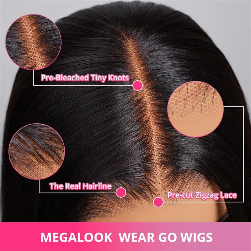 Megalook Wear Go Glueless Wigs Pre Cut 6x5 HD Lace Straight Lace Front Human Hair Wigs Bleached Tiny Knots Easy Put On Go Beginner Friendly Wig