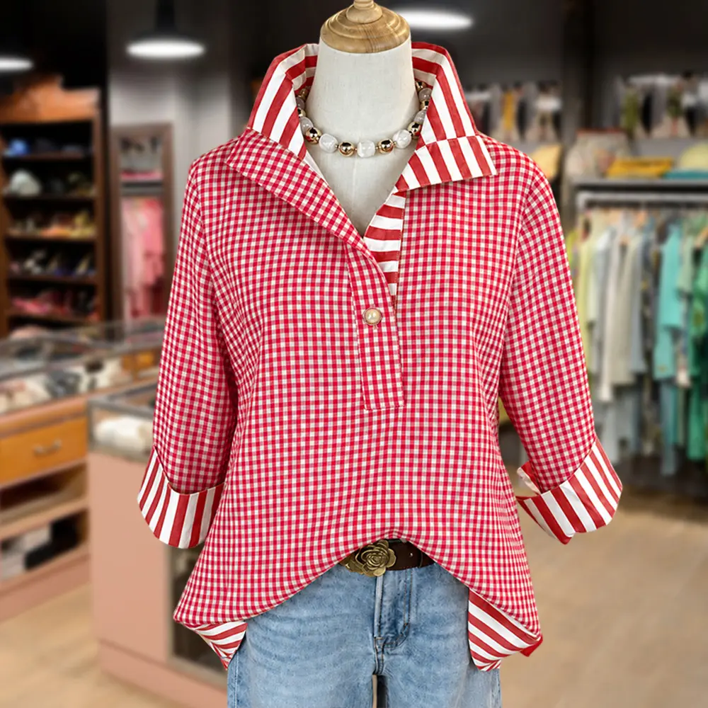 Cherrybetty 100%Cotton Classic Gingham Pattern Striped Collar Three Quater Sleeve Blouse Going Out Tops Summer Tops Plussize Clothes For Women Summer Outfits Women