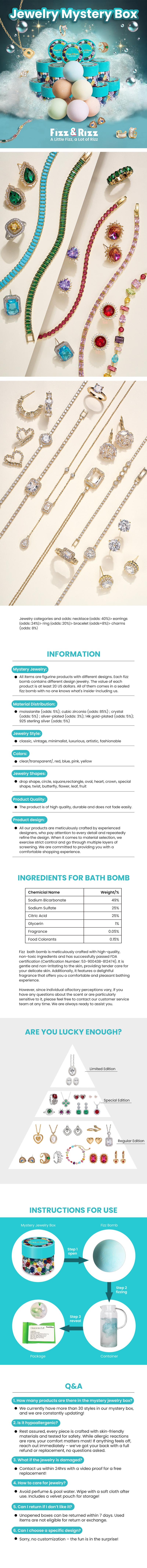 Fizz and Rizz Jewelry Mystery Box with Random Fine Jewelry Necklace Earrings Bracelet Charm Adjustable Ring Cute Surprise Fun Gift for Parties with Fizz Bomb Reveal