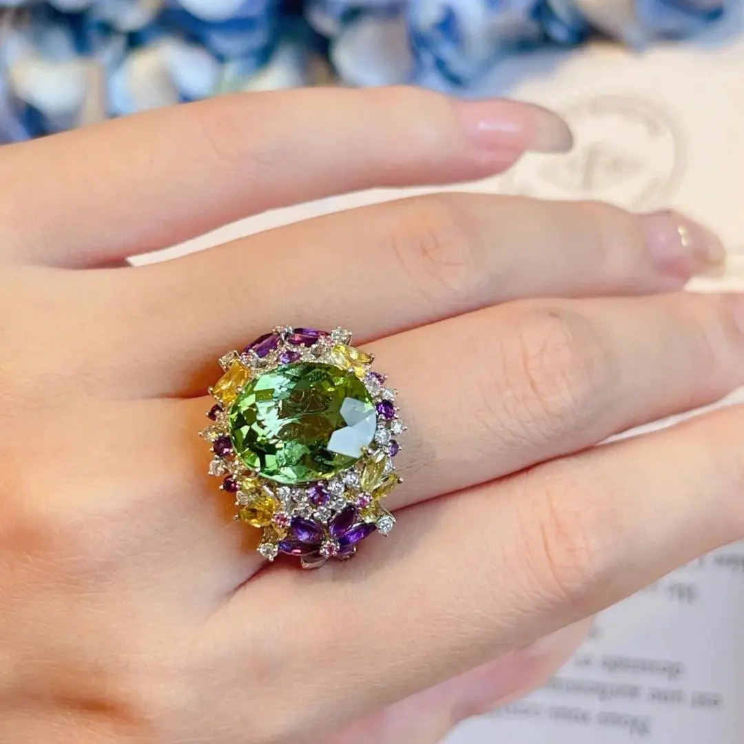 Bohemia Colored Gemstone Adjustable Ring 925 Sterling Silver Flower Open Ring for Women Wedding Engagement Birthday Jewelry Gift