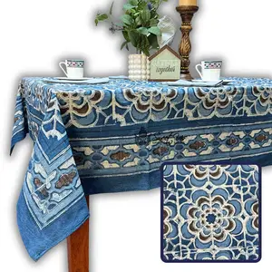 Rose Promenade Floral Cotton Block Print Tablecloth Rectangle, Cocoa Sky